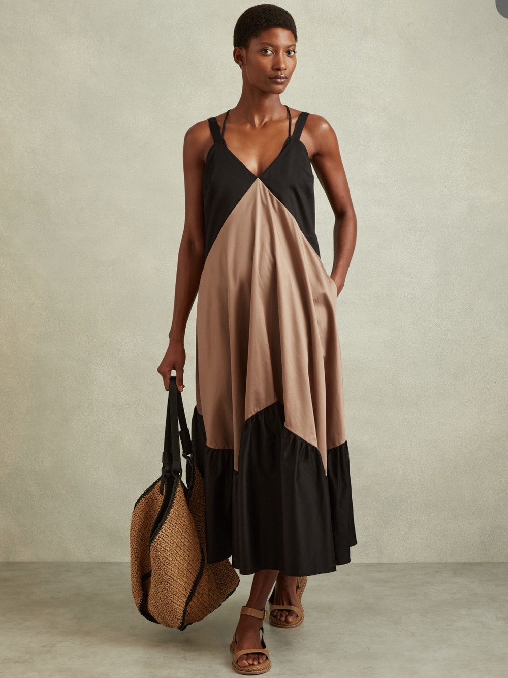 NWT Reiss Natalie Cotton Colourblock Flounced Midi Dress Brown/Black Size 12